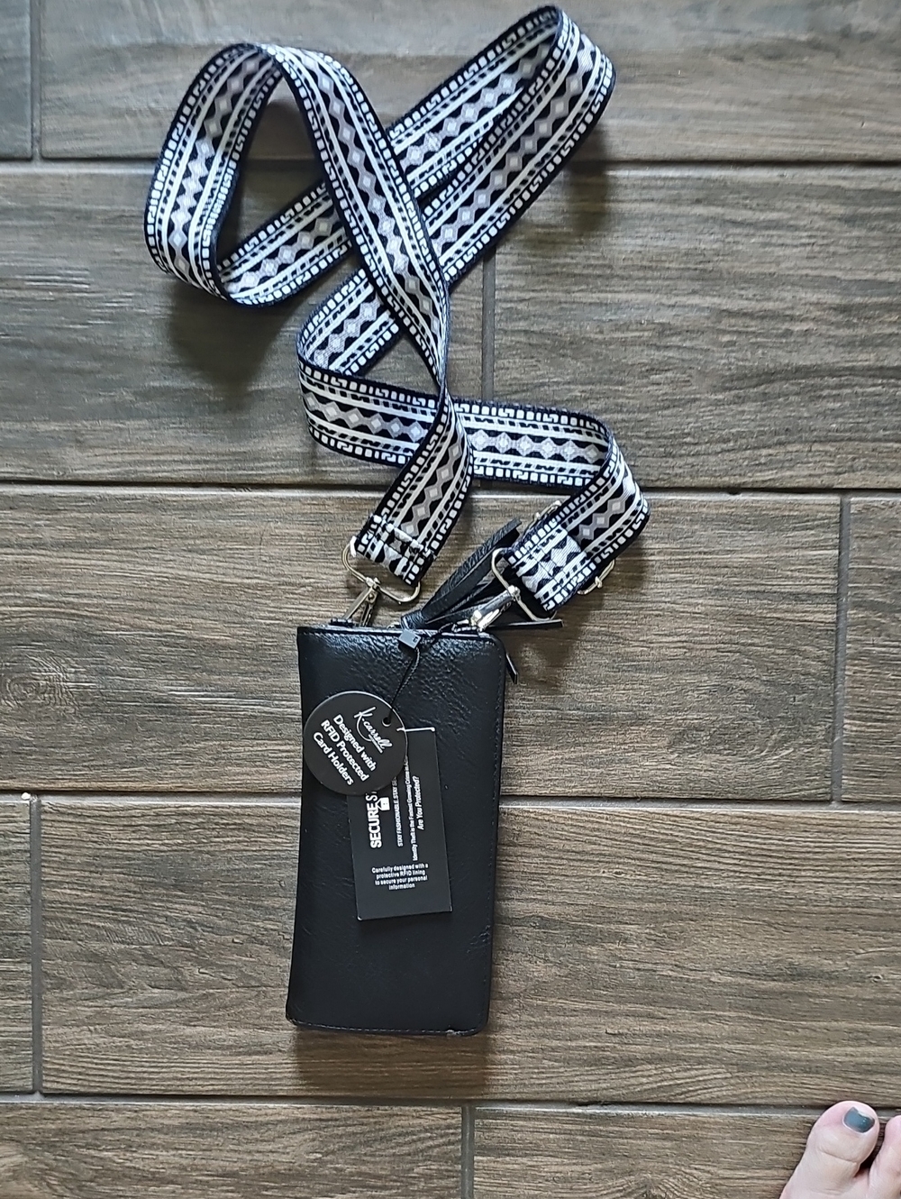 Black Crossbody Phone Wallet with Patterned Strap